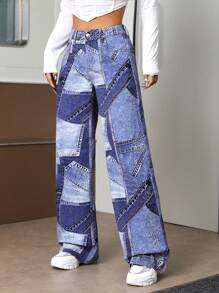 SHEIN ICON 色塊拼接圖案闊腿牛仔褲 - 藍色 - 查看 5
