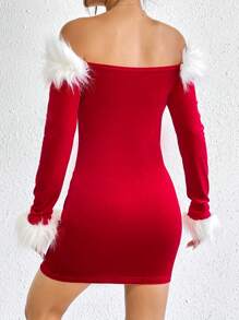 SHEIN Privé Off Shoulder Fuzzy Trim Velvet Bodycon Dress - Red - View 3