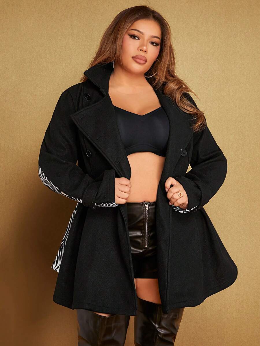 SHEIN SXY Hơn Tương phản Sọc Ngựa vằn Đôi ngực Thắt lưng Áo khoác - Đen và trắng - Xem 1