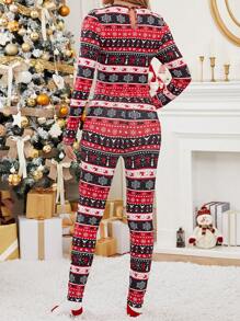 SHEIN LUNE 聖誕圖案缺口V領彈力緊身連體褲 - 彩色 - 查看 6