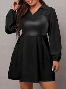 SHEIN LUNE Plus Solid Pu Leather Cami Top & Lantern Sleeve Dress - Black - View 4