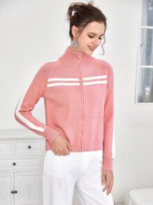 SHEIN EZwear 條紋圖案插肩袖拉鏈開襟開襟衫 - 粉色 - 查看 5