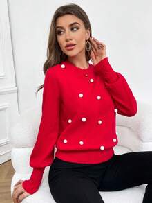 SHEIN Privé Lantern Sleeve Pom Pom Detail Sweater - Red and White - View 4