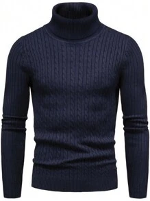 Men Turtleneck Cable Knit Sweater - Blue - View 1
