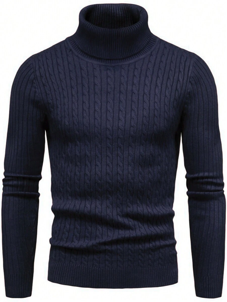 Men Turtleneck Cable Knit Sweater - Blue - View 1