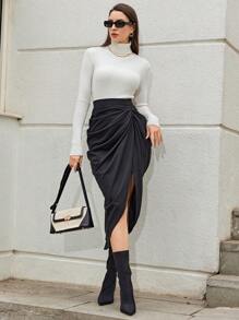 EURMUSE Solid Ruched Split Thigh Skirt - Black - View 3