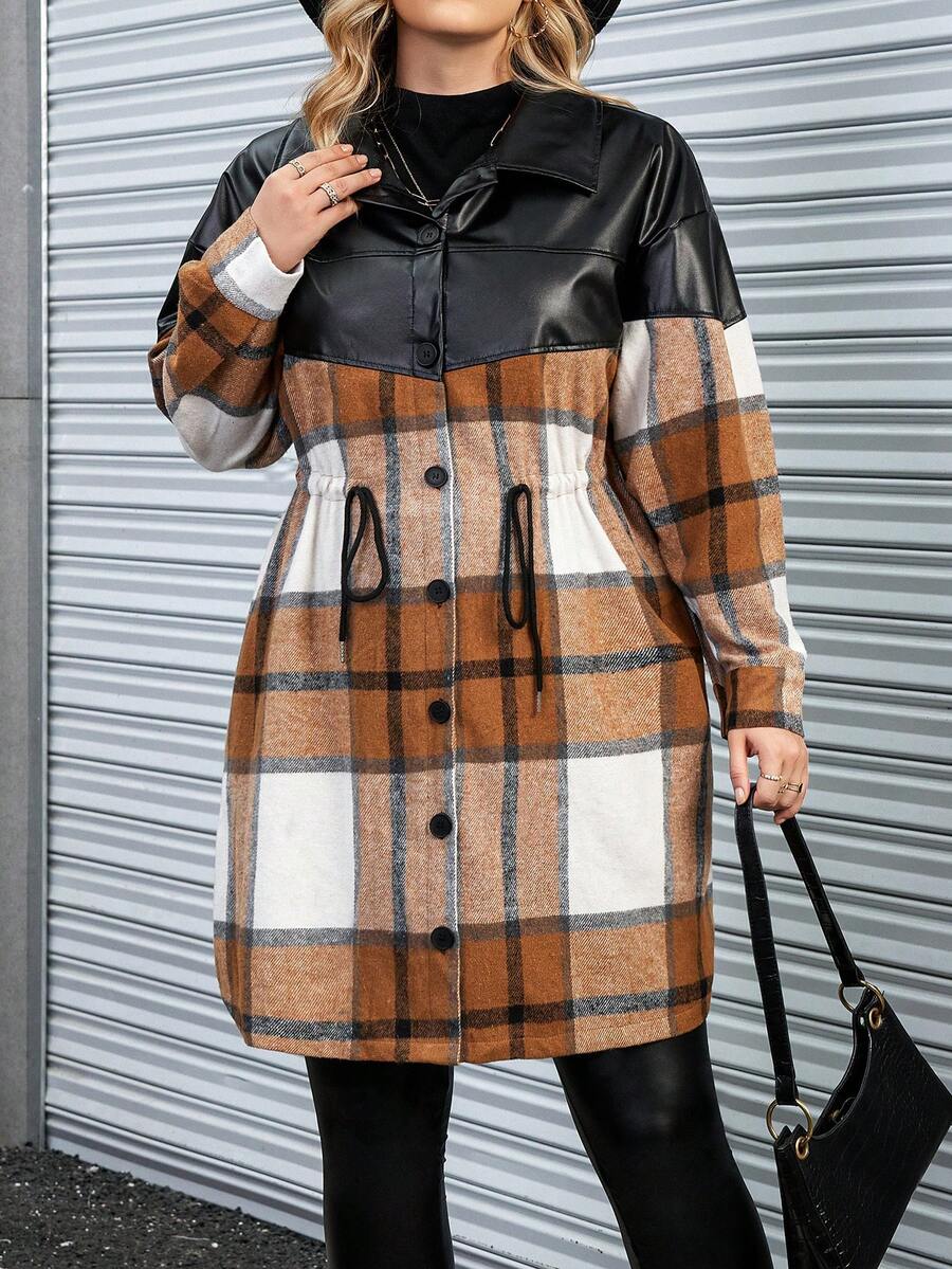 Calvaya Plus Plaid Print Drawstring Waist Drop Shoulder Shirt Dress - Khaki - View 1