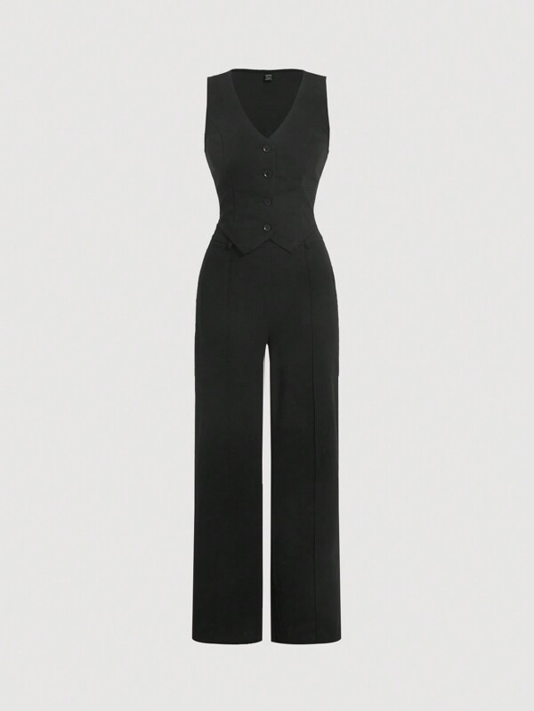 SHEIN MOD Conjunto de dos piezas compuesto por chaqueta tipo chaleco de botones con abertura en forma de V en la parte delantera y pantalones con costuras en la parte frontal, color negro para una noche de cita