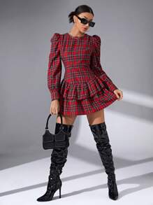 SHEIN Essnce Tartan Print Ruffle Hem Dress - Red - View 4