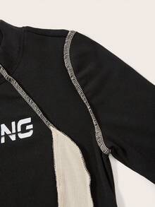 SHEIN ICON Letter Graphic Top-stitching Asymmetrical Hem Crop Tee - Apricot - View 5