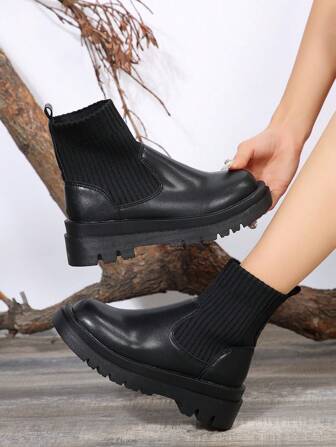 Women's High-heeled Fashion Boots Knitted Tube Thick-bottomed Short Boots Chelsea Boots, Black