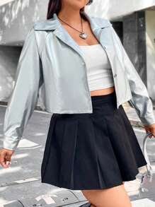 SHEIN Coolane Hơn Tay Raglan chất liệu da PU Áo khoác - Bạc - Xem 5