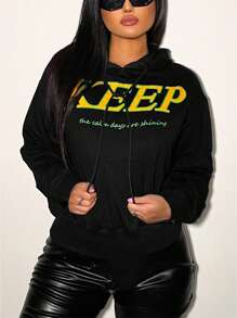 SHEIN Unity Slogan Graphic Kangaroo Pocket Drop Shoulder Drawstring Hoodie - Black - View 1