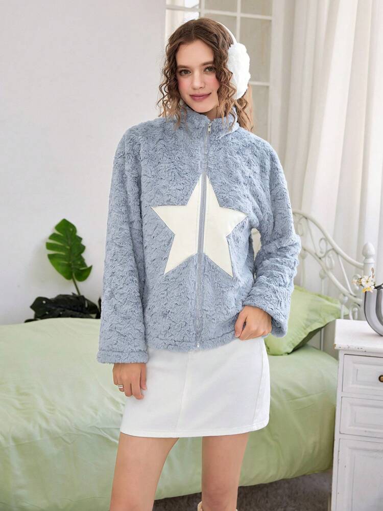 Star Pattern Drop Shoulder Fuzzy Coat
