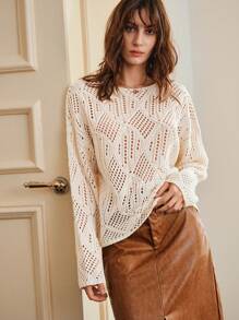 Anewsta Chất rắn Dệt kim chấm bi Thả vai Áo len - Màu be - Xem 6