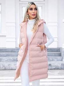 SHEIN Privé Slant Pockets Drawstring Hooded Vest Padded Coat