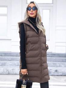 SHEIN Privé 拉鏈開襟連帽羽絨背心大衣 - 咖啡棕 - 查看 6