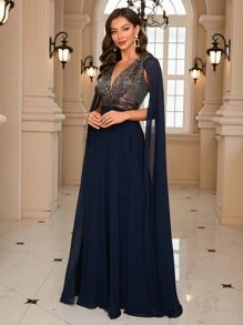 UNITHORSE Contrast Sequin Cloak Sleeve Prom Dress Elegant Long Sleeve Formal Evening Wedding Guest Gown, For Graduation, Dinner Party Dress - Navy Blue - View 5