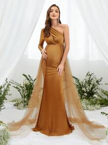 Maternity Asymmetrical Neck Mesh Panel Elegant Dress, For Party - Bronze - View 1