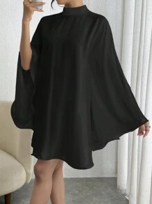 SHEIN Privé 小高領露背喇叭袖洋裝 - 黑色 - 查看 7