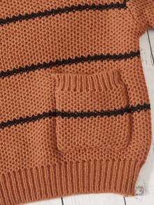 SHEIN 男小童條紋圖案口袋貼布套頭毛衣 - 咖啡棕 - 查看 5