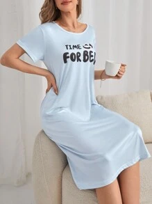 熊貓和標語圖案睡裙 - 淺藍色 - 查看 5