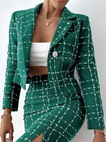 EURMUSE Plaid Pattern Lapel Neck Crop Overcoat - Green - View 3