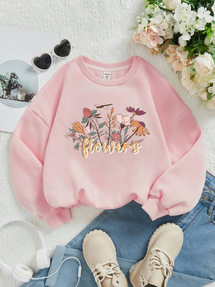 Teen Girl Floral & Letter Graphic Drop Shoulder Sweatshirt - Baby Pink - View 1