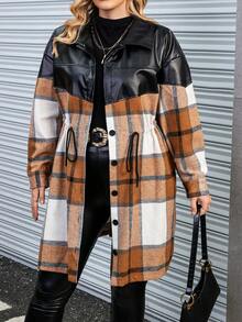 Calvaya Plus Plaid Print Drawstring Waist Drop Shoulder Shirt Dress - Khaki - View 6