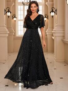 UNITHORSE Flounce Sleeve Glitter Prom Dress Black Elegant Formal Evening Wedding Guest Gown, For Graduation, Dinner Party Dress Spring - Black - View 9