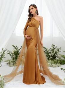 Maternity Asymmetrical Neck Mesh Panel Elegant Dress, For Party - Bronze - View 4