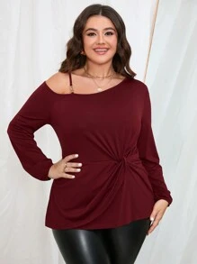 SHEIN Clasi 大碼不對稱領前扭結T恤 - 酒紅色 - 查看 4