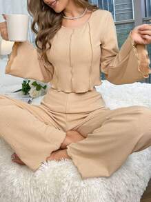 Khâu trên cùng Tay áo kèn  Bộ áo Tee & quần Lounge - Màu Khaki - Xem 6