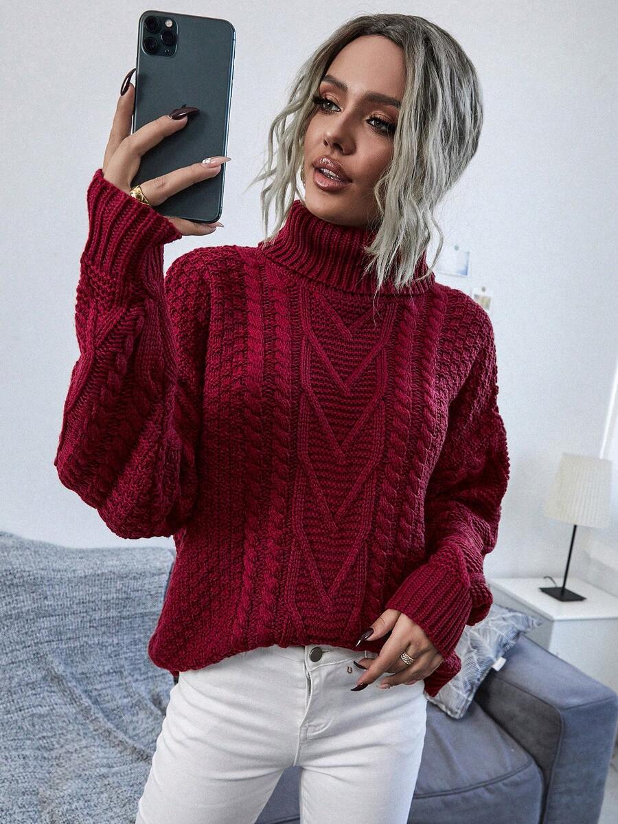 SHEIN Essnce Áo cao cổ Xoắn Dan Thả vai Áo len - Đỏ - Xem 1