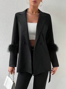 Allurite 毛茸茸袖口雙排釦腰帶西裝外套 - 黑色 - 查看 1