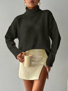 EURMUSE 高領落肩袖套頭毛衣 - 黑色 - 查看 4