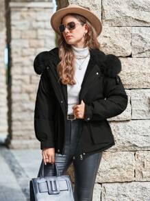 SHEIN LUNE Winter Clothes Casual Solid Color Fur Collar Hooded Padded Padded Coat - Black - View 1