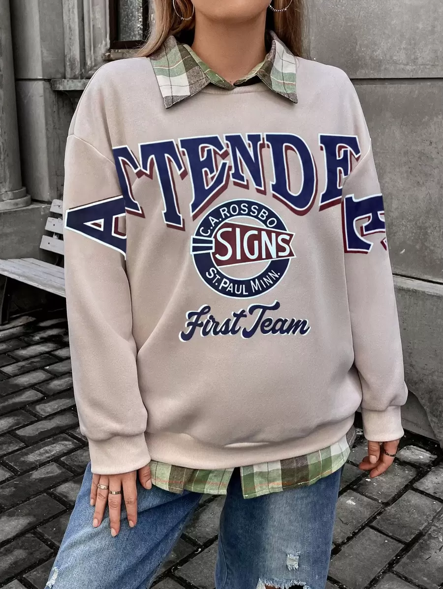 Flirla Plus Letter Graphic Drop Shoulder Sweatshirt Without Blouse Pullover Fall Sweatshirt - Camel - View 1