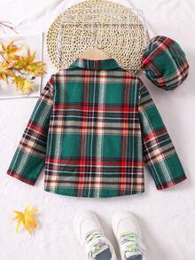 SHEIN 女小童格紋印花雙口袋襯衫附帽子