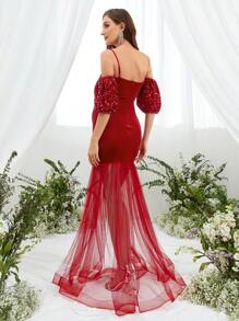 孕妇露肩撞色网眼鱼尾下摆天鹅绒优雅连衣裙，适合派对 - 紅色 - 查看 2