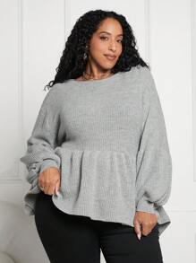 SHEIN CURVE+ 女士大尺碼圓領純色荷葉邊毛衣 - 灰色 - 查看 7