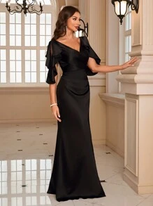 荷叶边开叉缎面礼服 - 黑色 - 查看 9