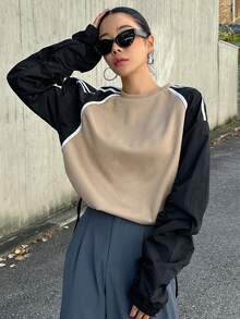 Dazy Star Contrast Binding Raglan Sleeve Striped Tape 2 In 1 Sweatshirt - Khaki - View 6