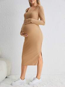 SHEIN 孕婦方領高衩條紋針織緊身洋裝 - 杏色 - 查看 5