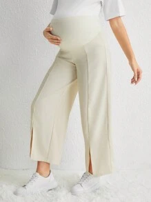 SHEIN Maternity Adjustable Waist Split Hem Wide Leg Pants - Apricot - View 6