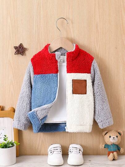 Baby Boy Colorblock Zip Up Pocket Patched Teddy Coat