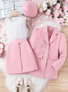 SHEIN Tween Girl Solid Tank Top & Skirt & Accessory Hat & Blazer - Pink - View 1