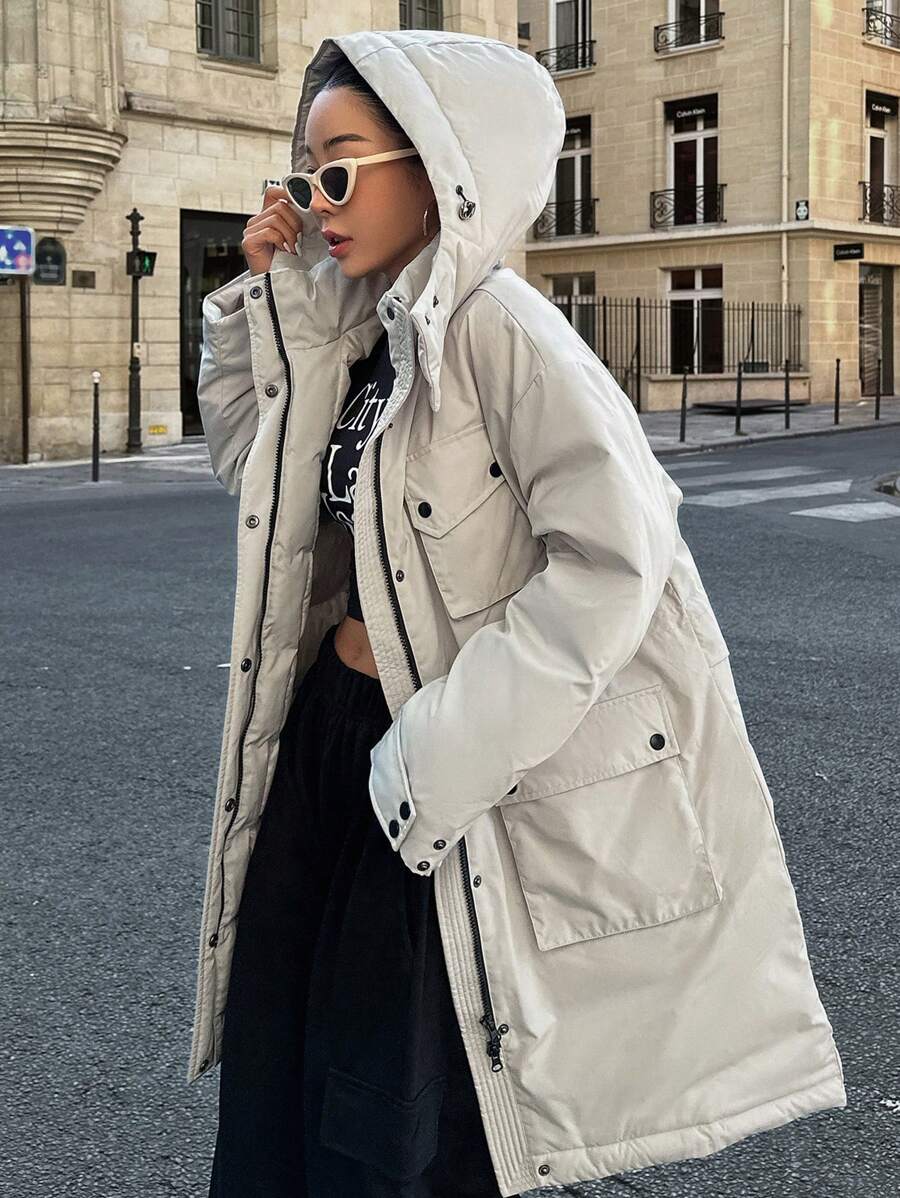 DAZY Flap Pocket Drawstring Hooded Padded Coat Winter