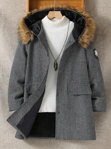 SHEIN Tween Boy 1pc Letter Patched Detail Fuzzy Trim Hooded Overcoat - Black and White - View 1