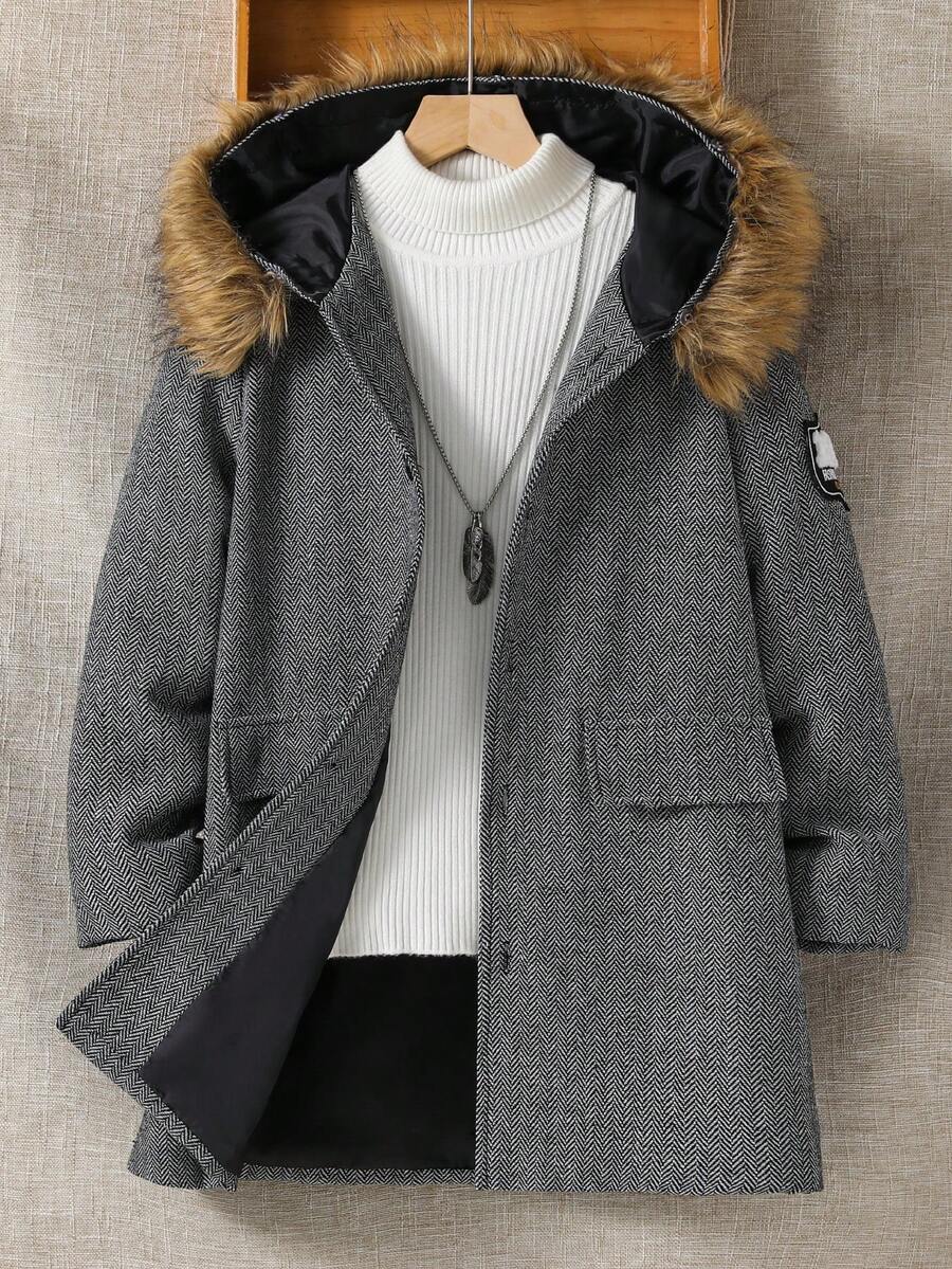 SHEIN Tween Boy 1pc Letter Patched Detail Fuzzy Trim Hooded Overcoat - Black and White - View 1